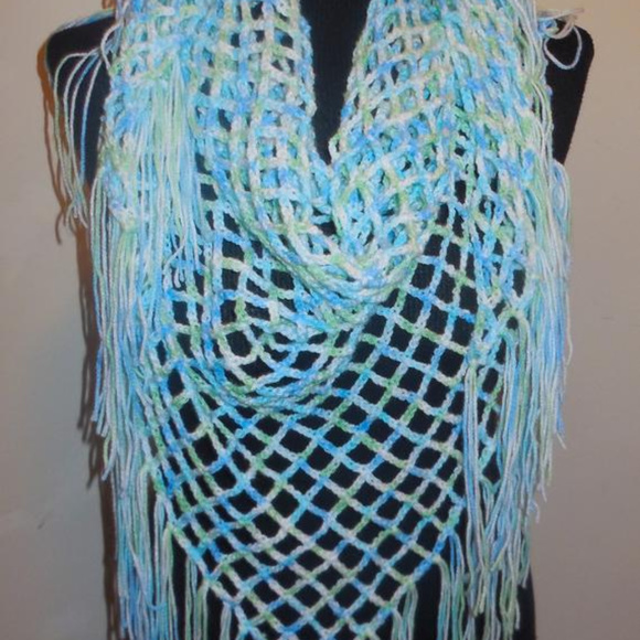 Crochet Shawl Fringed NEW Handmade Pastel Blue - Picture 2 of 6